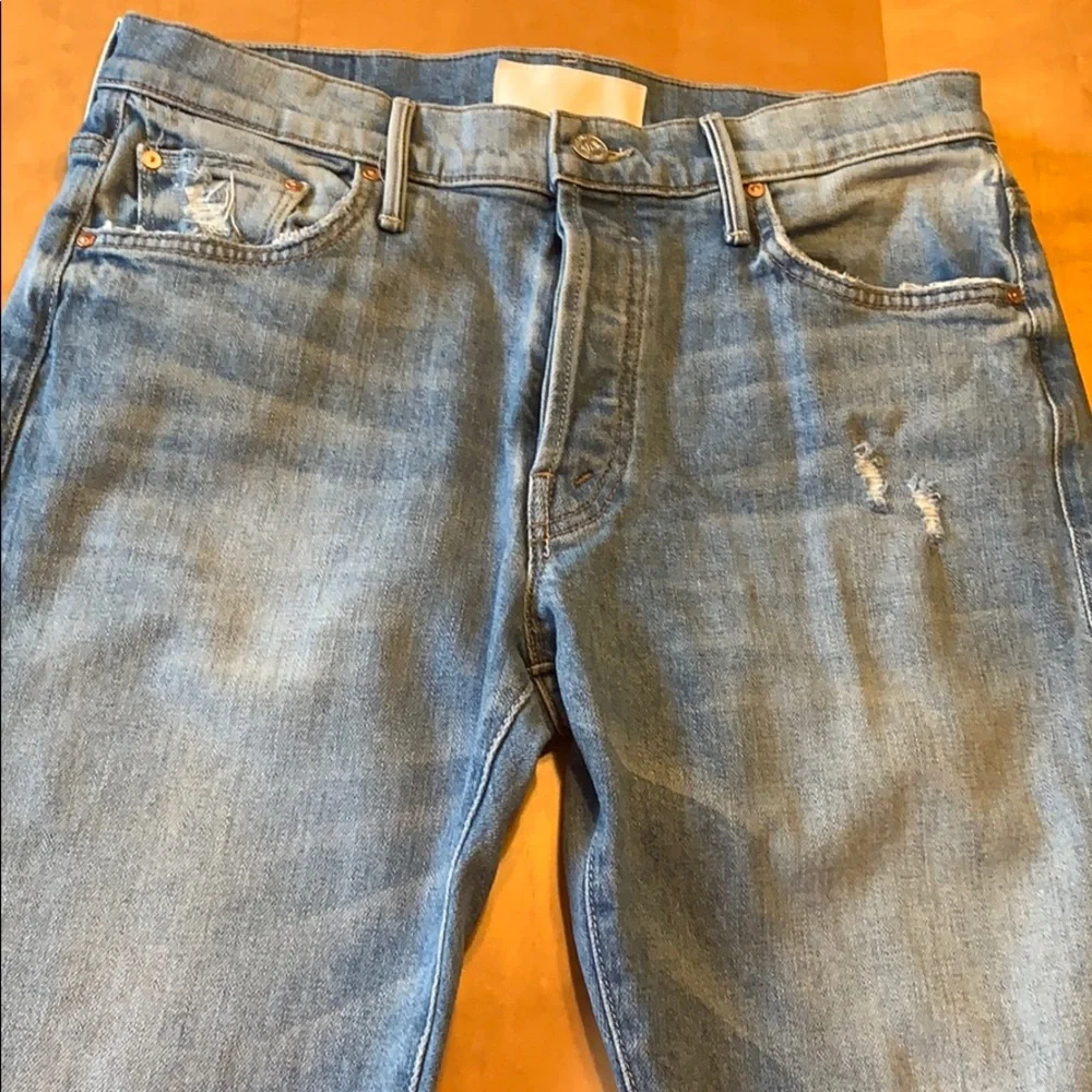 MOTHER Light Blue Distressed Straight Leg Jeans